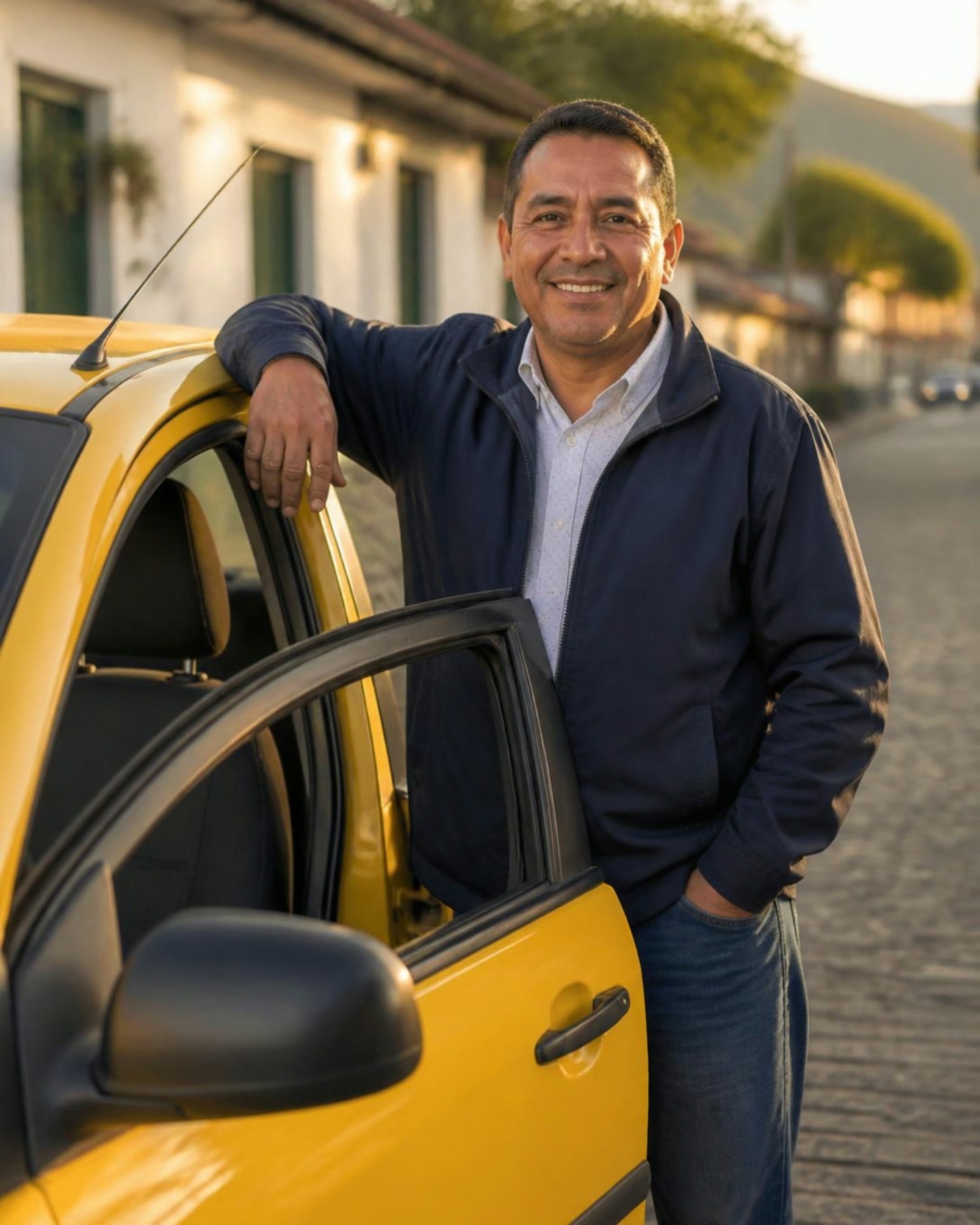 Conductor de taxi sonriente junto a su carro
